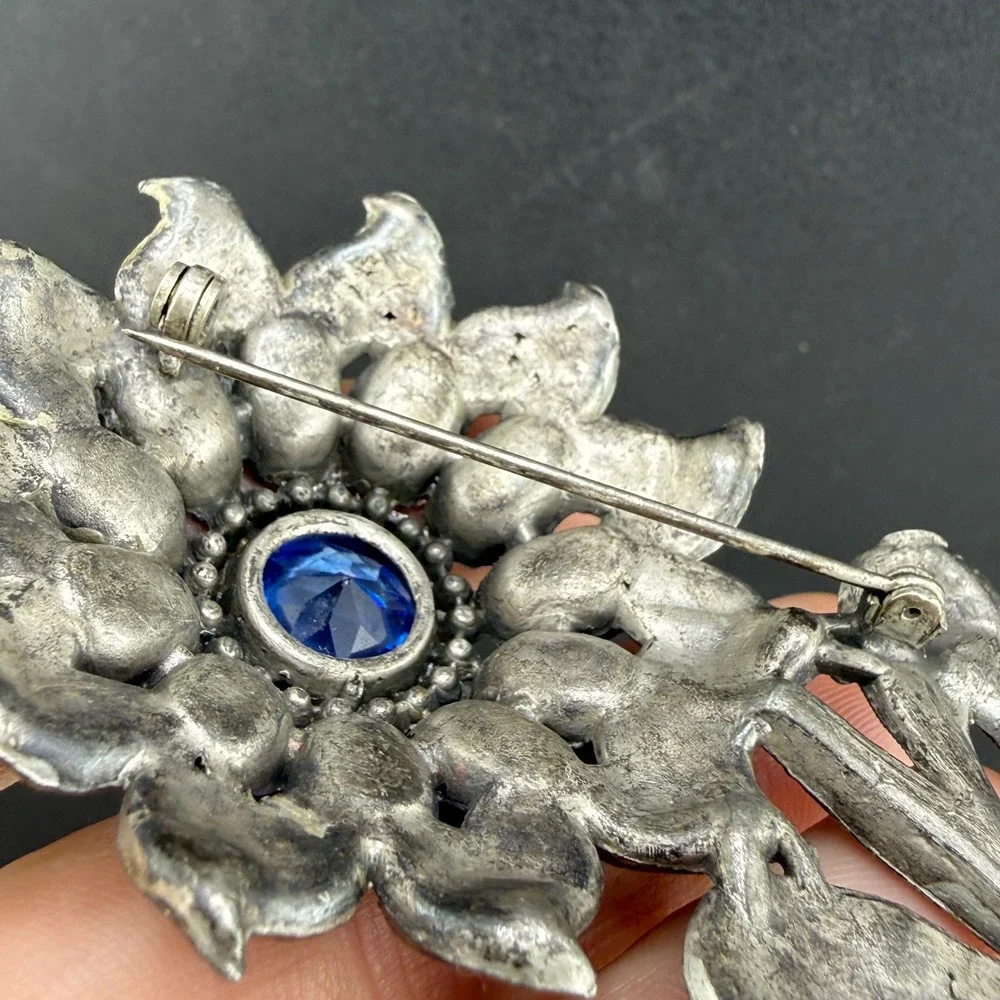 Vintage Pot Metal Brooch Blue Rhinestone Sunflower Brooch Floral  Large